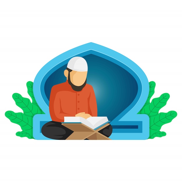 Vector ramadan background with a muslim male reading the koran in the mosque illustration premium 