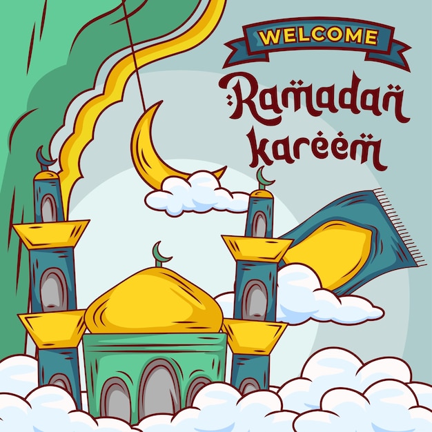 Ramadan banner post with hand drawn islamic illustration ornament