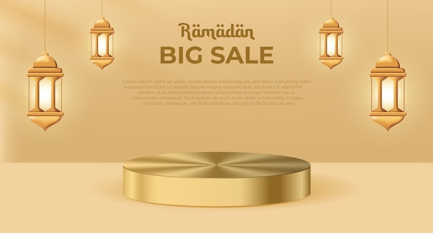 Ramadan big sale promotion poster banner with a podium for display product Realistic Ramadan Kareem sale Banner with 3D Podium Vector illustration