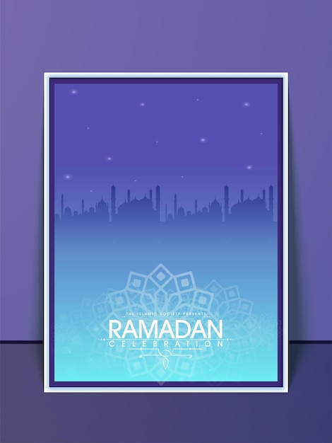 Ramadan Celebration Template Design With Silhouette Mosque In Gradient Blue Color