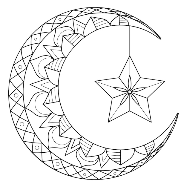 Ramadan Crescent Moon with Star Isolated Coloring