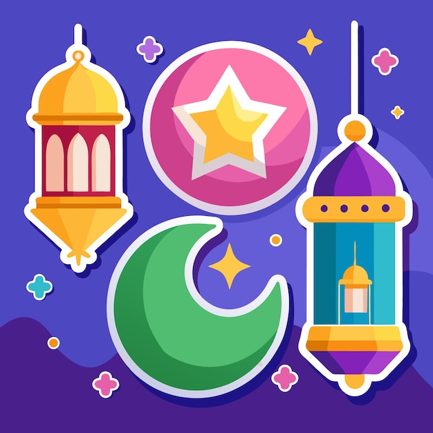 Vector ramadan decorative elements with lanterns crescent moon and stars on purple background