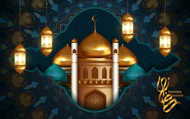 Ramadan design mosque and lantern. background with mosques suitable also for Eid Mubarak.  Illustration