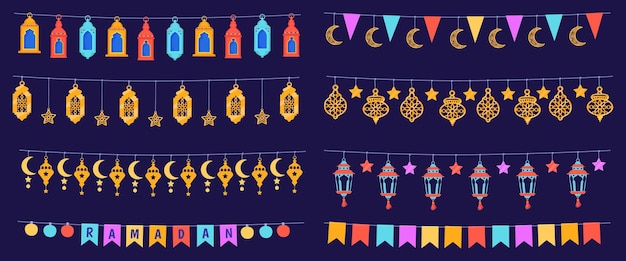 Vector ramadan flags decorations hanging garland decoration for ramadhan kareem celebration ribbon moroccan lanterns lights flag eid mubarak islam party flat neat vector illustration