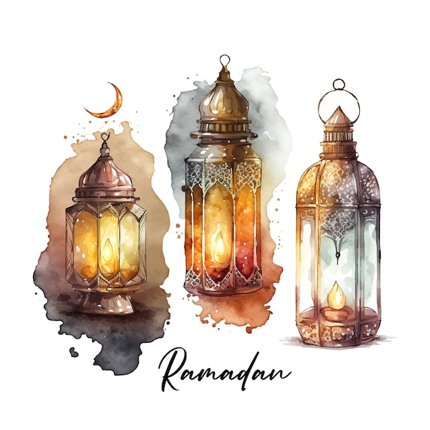 Ramadan flashlight Kareem Mosque night Arabic lanterns Bright watercolor stains background Vector illustration