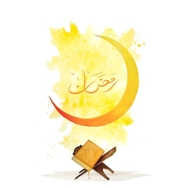 Ramadan greeting card design, crescent moon and Quran watercolor illustration with color splash