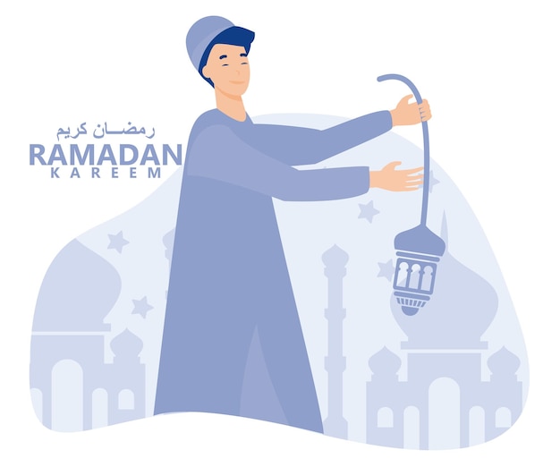 Ramadan greeting card muslim boy holding lantern with crescent moon stars and mosque as background