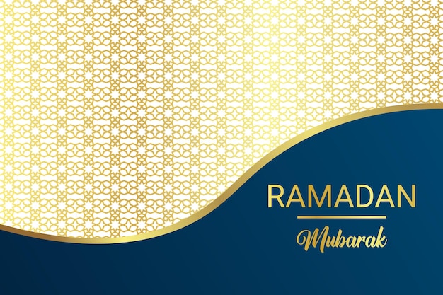 Ramadan greeting card with a blue background and gold pattern.