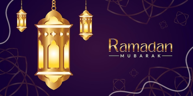 Ramadan greeting card with a gold lamp and a purple background