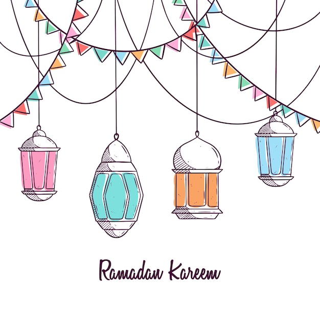 Ramadan greeting card with hand drawn lantern and bunting flag on white background