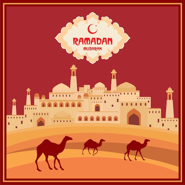 Ramadan greeting card with mosques and minarets decorated by a pattern in Mauritian style