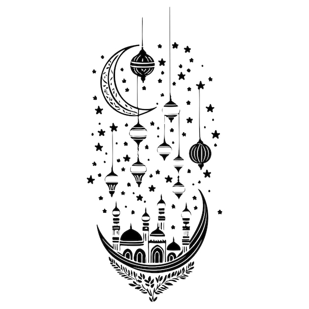 Vector ramadan hanging lantern moon mosque illustration sketch hand draw