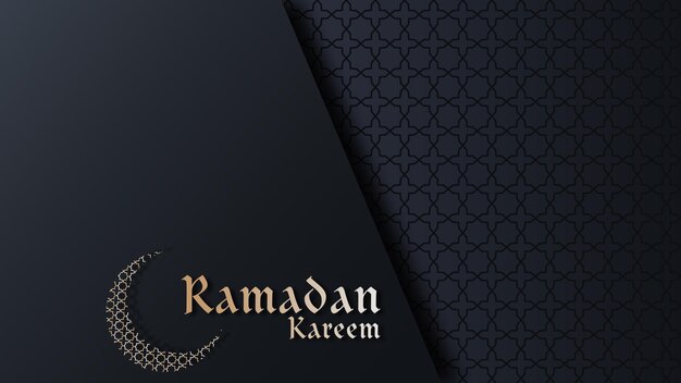 Vector ramadan holiday banner with gold handwritten inscription ramadan kareem and black arabic pattern.