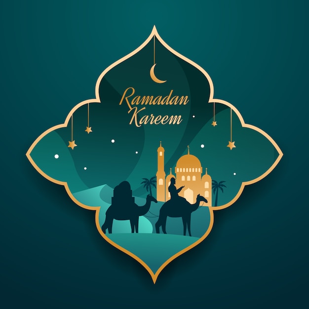 Ramadan Illustration with Praying Man and Camels