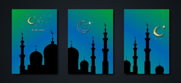 Ramadan Kareem 2023 vector set greeting card. Gold half moon on blue background. Colorful banners