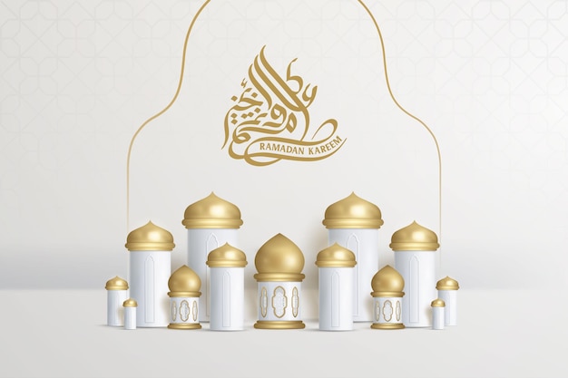 Ramadan kareem arabic calligraphy realistic mosque gold podium and crescent