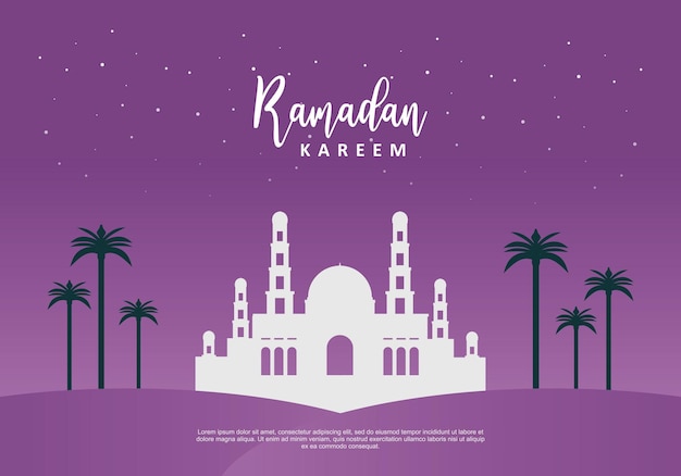 Ramadan kareem background banner poster greeting card with big mosque and plants isolated on purple background