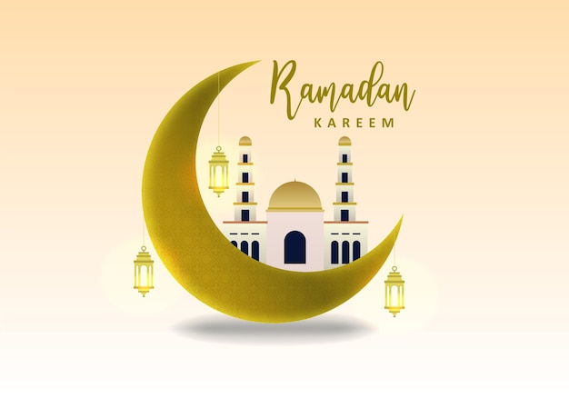 Ramadan kareem background banner poster greeting card with yellow moon big mosque and brown lantern