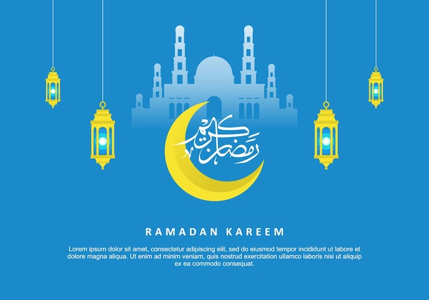 Ramadan kareem background banner poster greeting card with yellow moon lantern and big mosque isolated on blue background