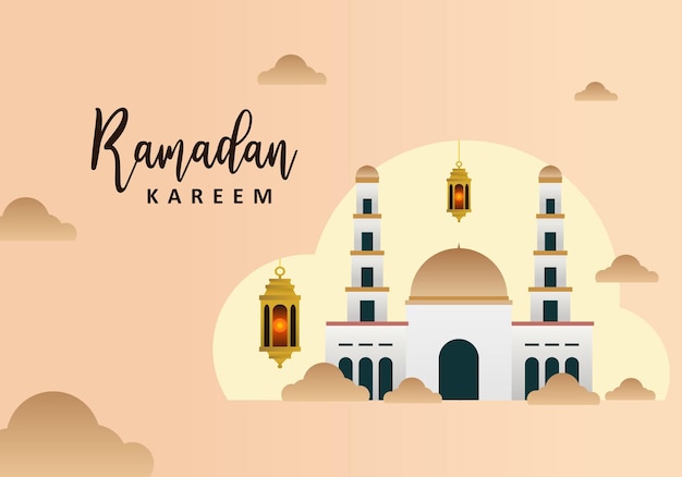 Ramadan kareem background banner poster islamic greeting with golden lantern and big mosque