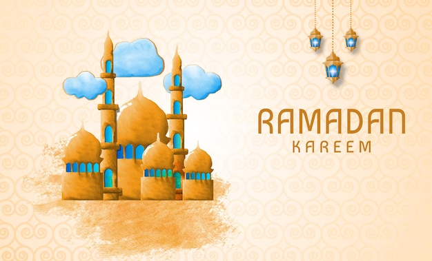 Ramadan Kareem background design with watercolor golden mosques and shapes