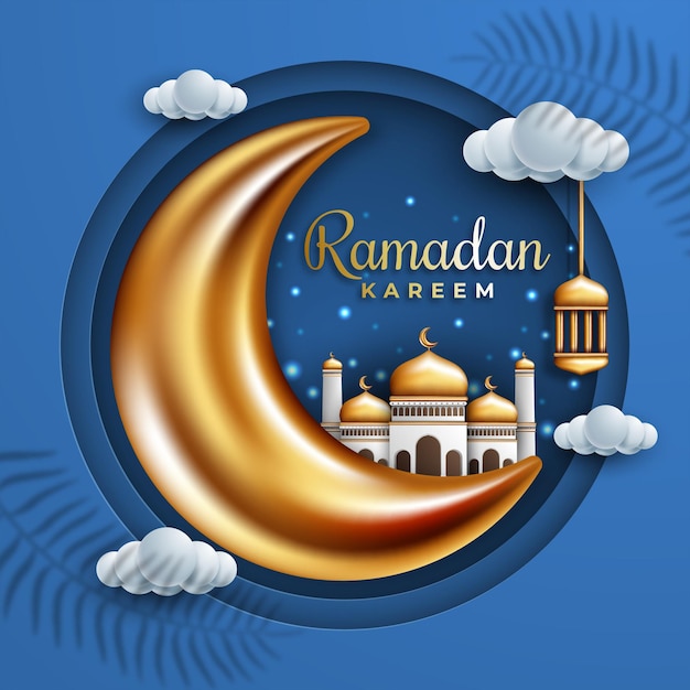 Ramadan kareem background with golden ornaments mosque moon and laterns