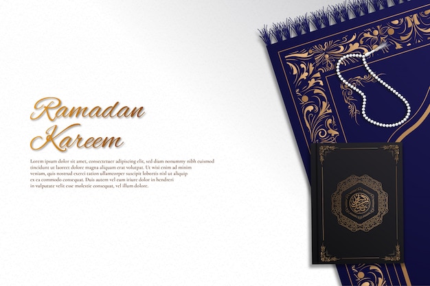 Ramadan kareem background with prayer beads, arabic book and prayer rug