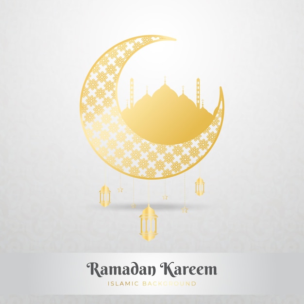 Ramadan Kareem Banner Illustration Design Template with Golden Crescent Moon and Lantern