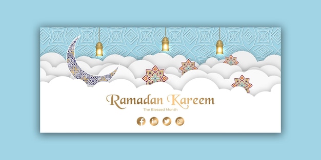 Ramadan kareem banner template vector with moon lanterns and pattern background