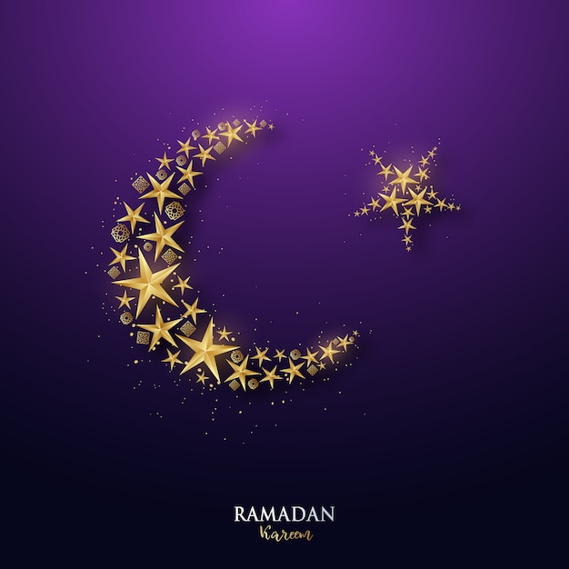 Ramadan Kareem banner with golden crescent and stars.