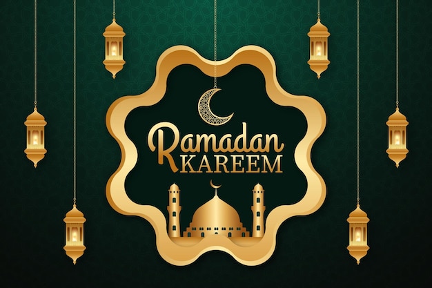 Ramadan kareem banner with gradient background and arabic golden elements