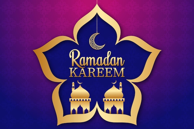 Ramadan kareem banner with gradient background and arabic golden elements