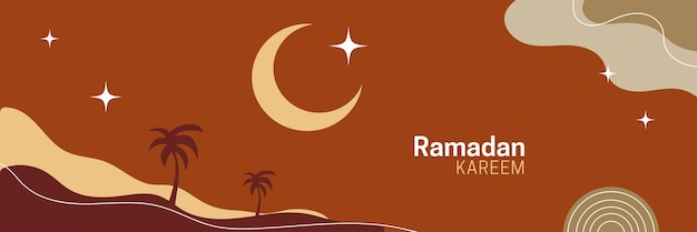 Ramadan Kareem boho design in modern art style. Abstract minimal background with moon, stars, desert