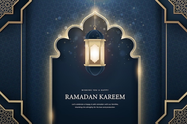 Ramadan Kareem Calligraphy with Glowing Lantern Greeting Card Design