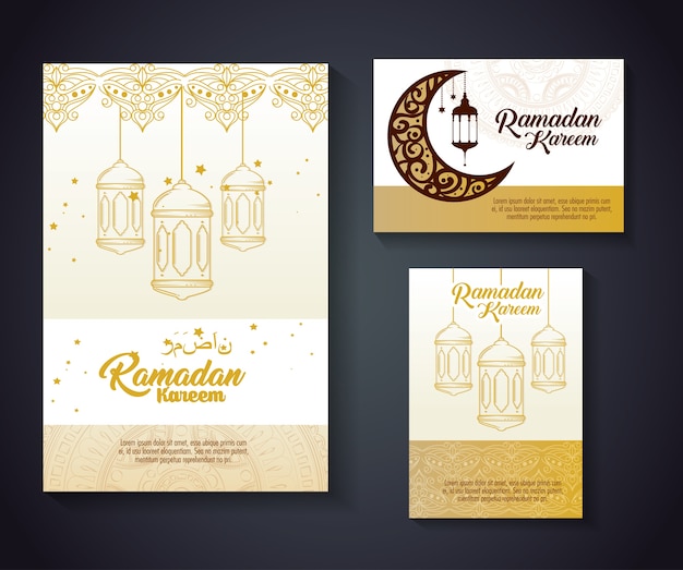 ramadan kareem card with lanterns hanging and moon 