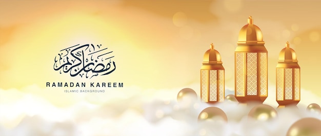 Ramadan Kareem Celebration  bannertemplate   Decorated With  Realistic Lantern floating on clouds Islamic eid mubarak banner