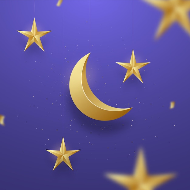 Ramadan Kareem celebration greeting banner 3D Realistic Golden Crescent Moon