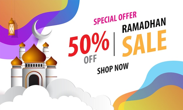 Ramadan kareem colorful sale banner with lanterns and crescent