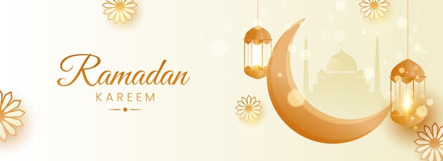 Ramadan Kareem Concept With Crescent Moon, Illuminated Lanterns Hang And Floral Pattern On Pastel Yellow Bokeh Background.