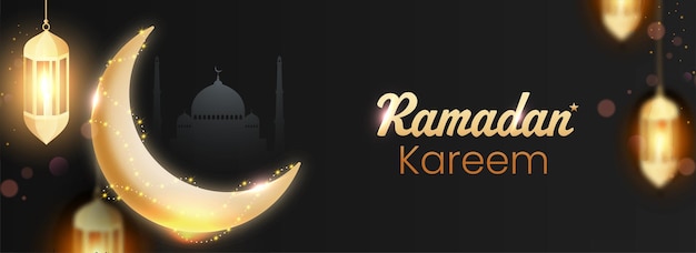 Ramadan Kareem Concept With Shiny Golden Crescent Moon And Lit Lanterns Hang On Black Silhouette Mosque Background.