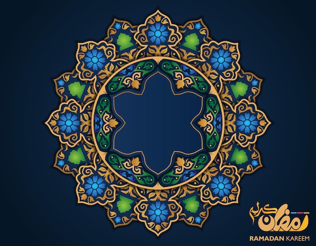 Ramadan Kareem design illustration with mandala and lantern on islamic background Calligraphy