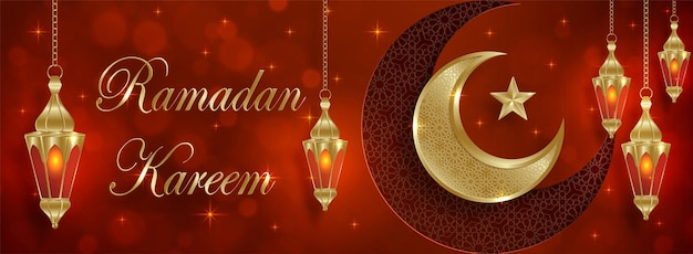 Ramadan Kareem design on islamic background with gold pattern on paper color backgroung (transaltion : Ramadan Kareem)