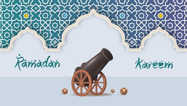 Ramadan Kareem Design Poster with 3D Realistic Cannon Vector Illustration.