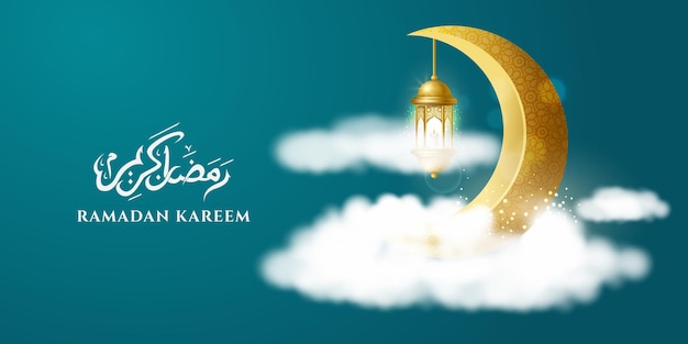 Ramadan kareem or eid mubarak arabic calligraphy with moon, islamic ornament, lantern banner  