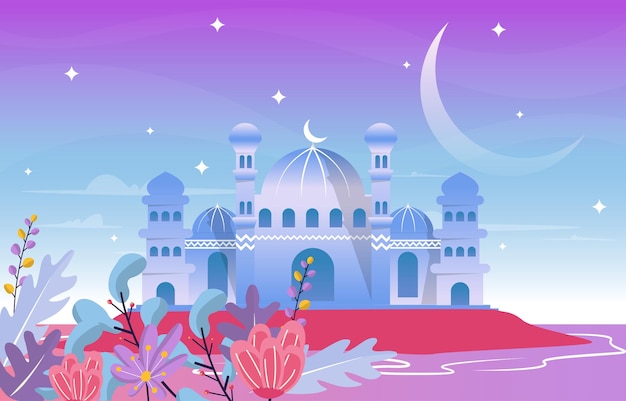 Ramadan Kareem Eid Mubarak Mosque Nature Islamic Celebration Illustration