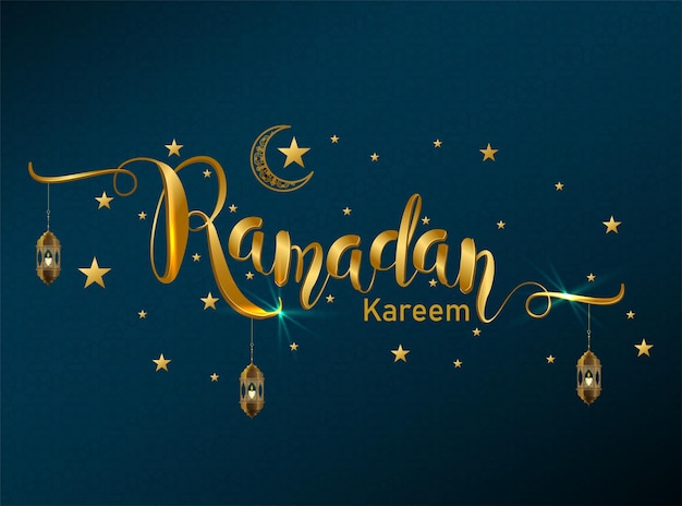 Ramadan Kareem English calligraphy text with lanterns moon star 3d look