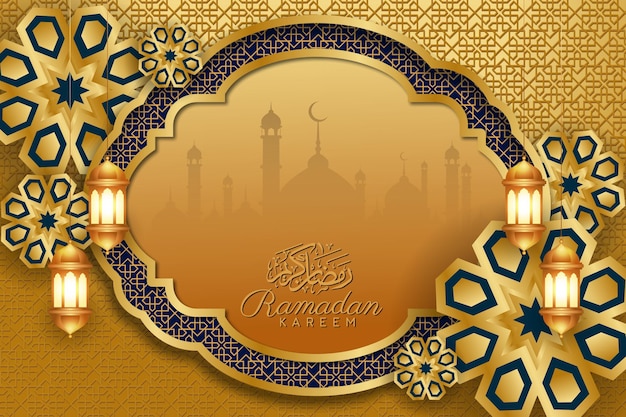 Ramadan Kareem Golden Islamic Greeting Banner Background with Calligraphy and Mosque Lantern Mandala