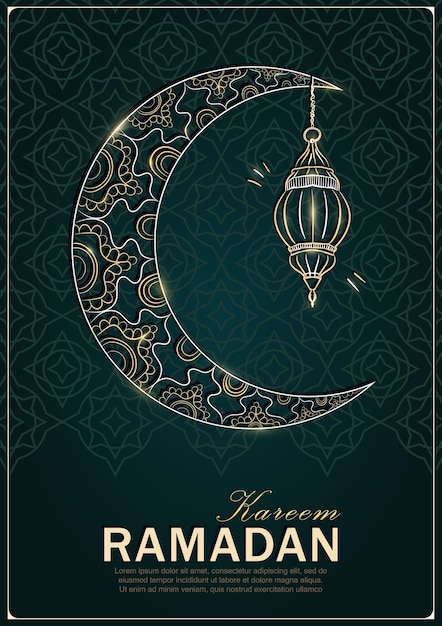 Ramadan Kareem green greeting card with linear golden crescent moon and shiny Arabic lantern