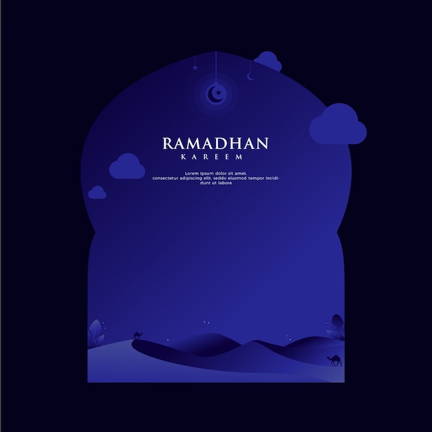 Ramadan kareem greeting background in frame with desert in minimalist dark blue