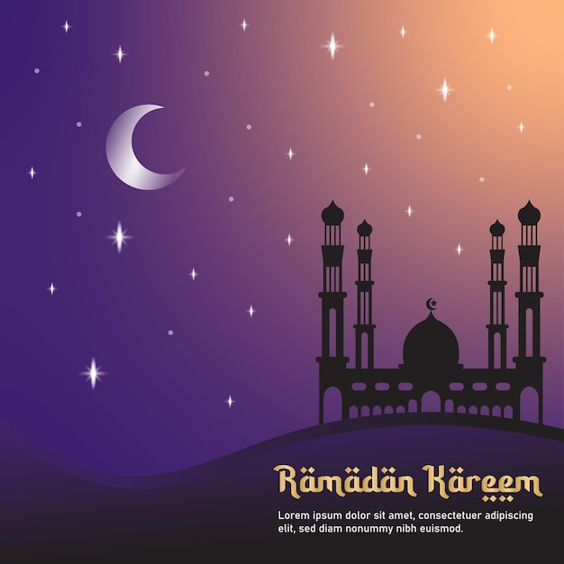 Ramadan Kareem greeting background mosque nightcolor illustration with arabic town